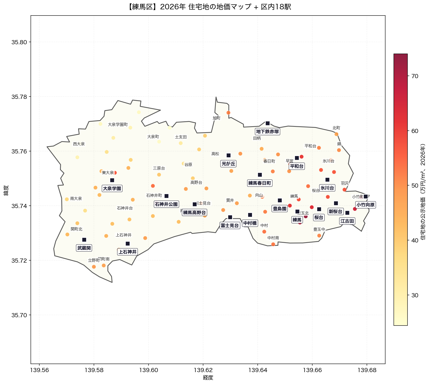 練馬区 2026年 住宅地の地価マップ + 区内18駅